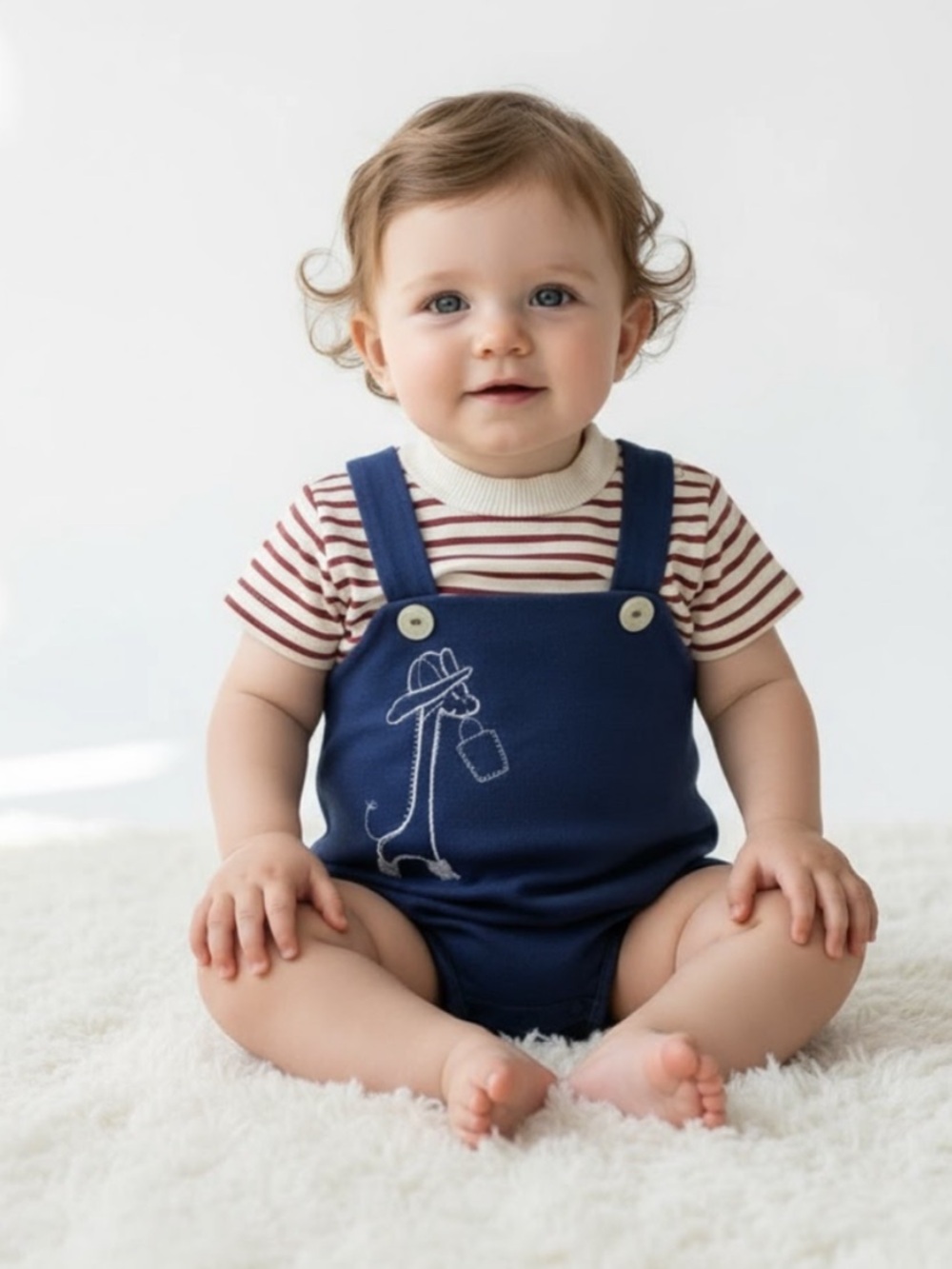 VTG 1980s Navy and Red Striped Baby One-Piece Bodysuit with Embroidered Giraffe